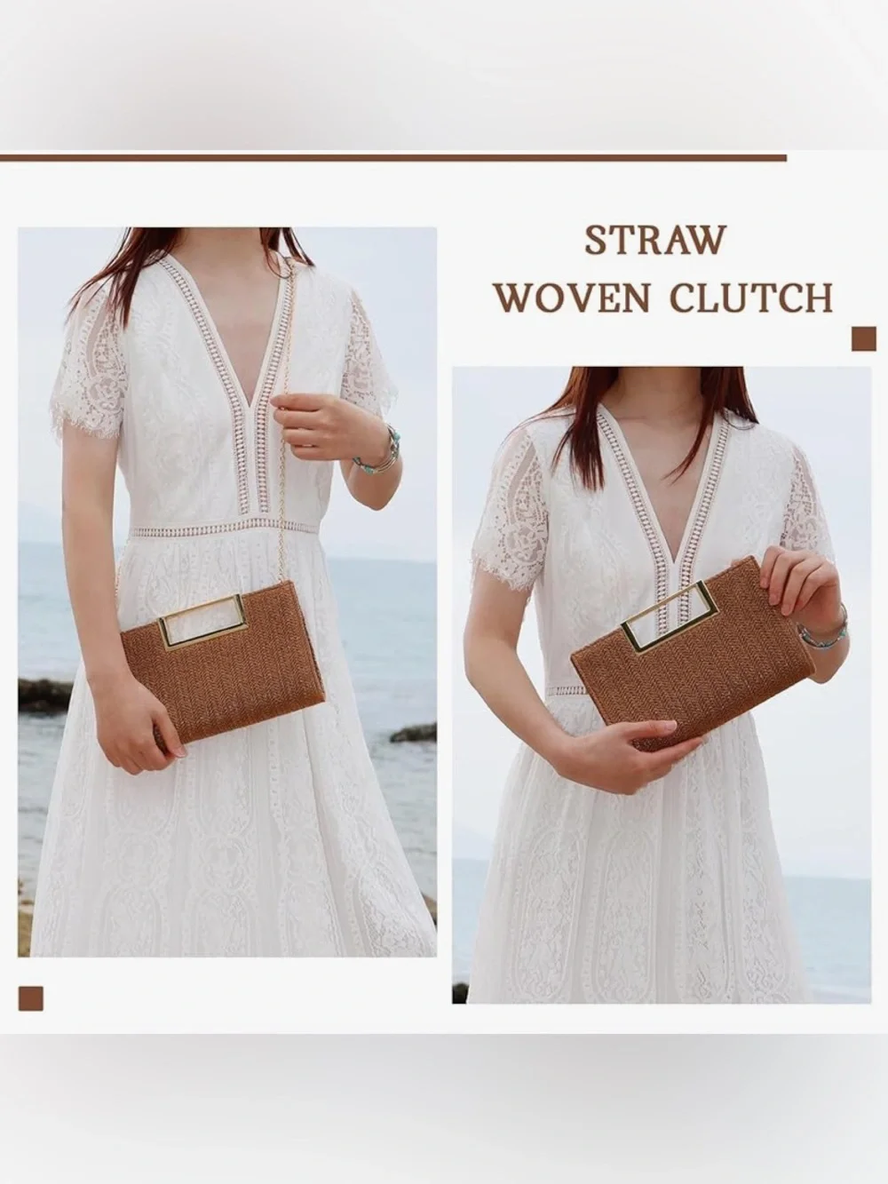Woven Straw Clutch Bag with Gold Handle - Brown